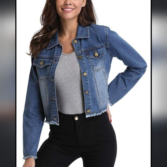 MISS MOLY Jean Jacket Women’s Frayed Washed Button Up semi Cropped Denim Jacket - Picture 1 of 13